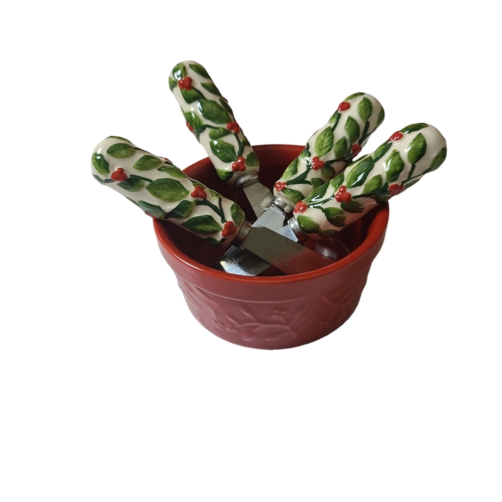 Pfaltzgraff Winterberry Cheese Party Dip Ceramic Spreader Set Of 4 One Red Bowl
